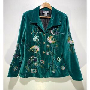 Indigo Moon velvet blazer jacket butterfly embroidery bohemian green women L